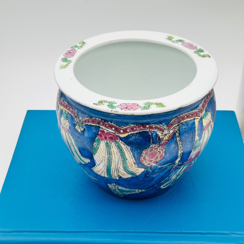 Vintage Chinese Porcelain Fish Bowl Planter Cobalt Blue Tassel Hand Painted